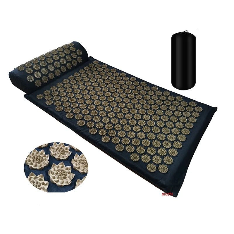 tapis d'acupression noir avec lotus ambre