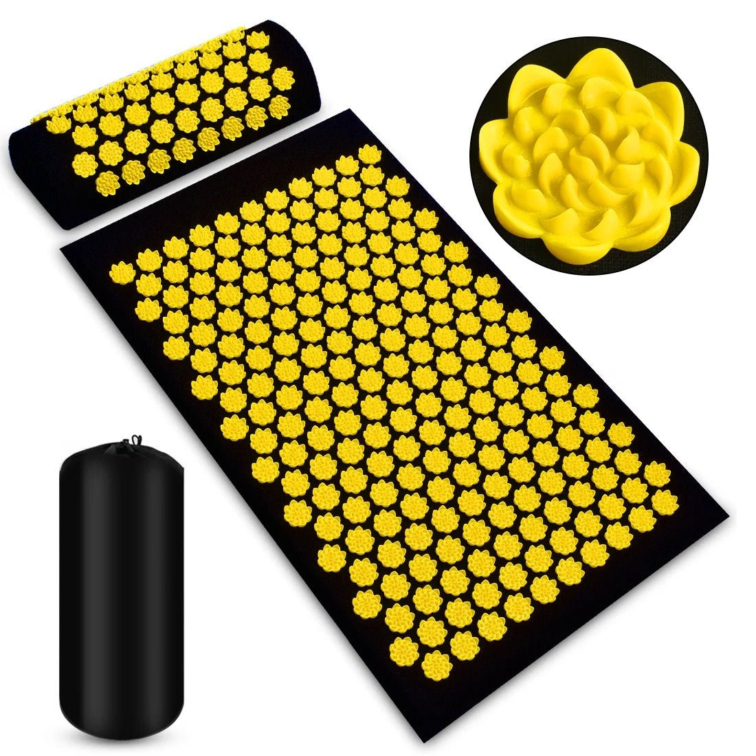 tapis d'acupression noir avec lotus jaune